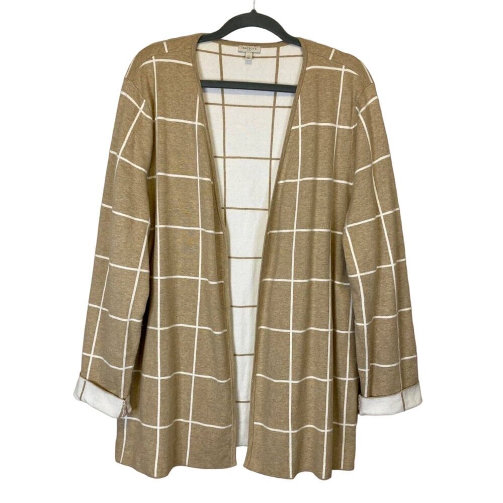 Talbots Windowpane Cardigan Women Sz XL Beige Sweater Open Front Long Line